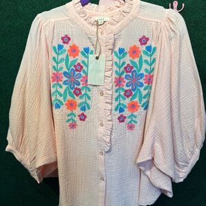 🔥017 NWT Easel Embroidered Pink Gauze Shirt Blouse